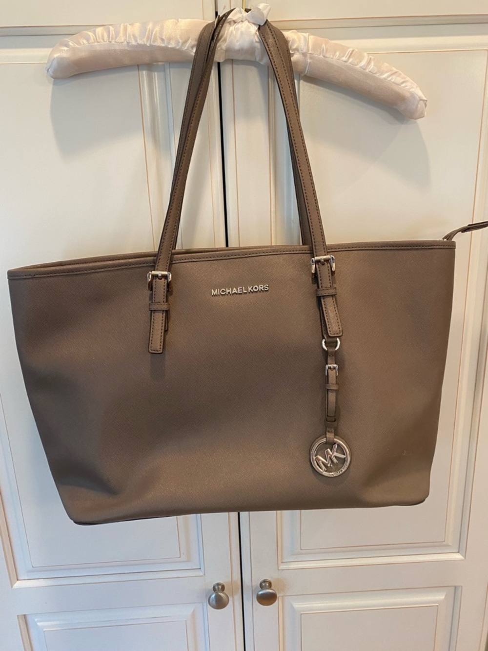 MICHAEL KORS Taupe Saffiano Tote with MK Charm